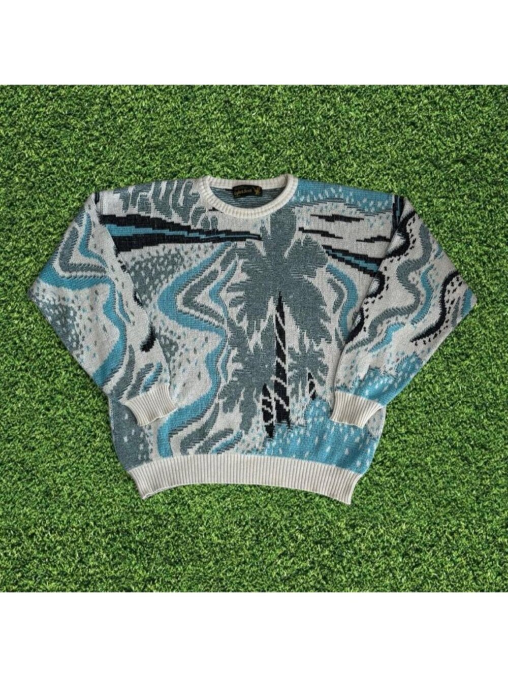 Vintage Lyle & Scott Italy Abstract Palm Wave Sweater Boxy Fit Size L